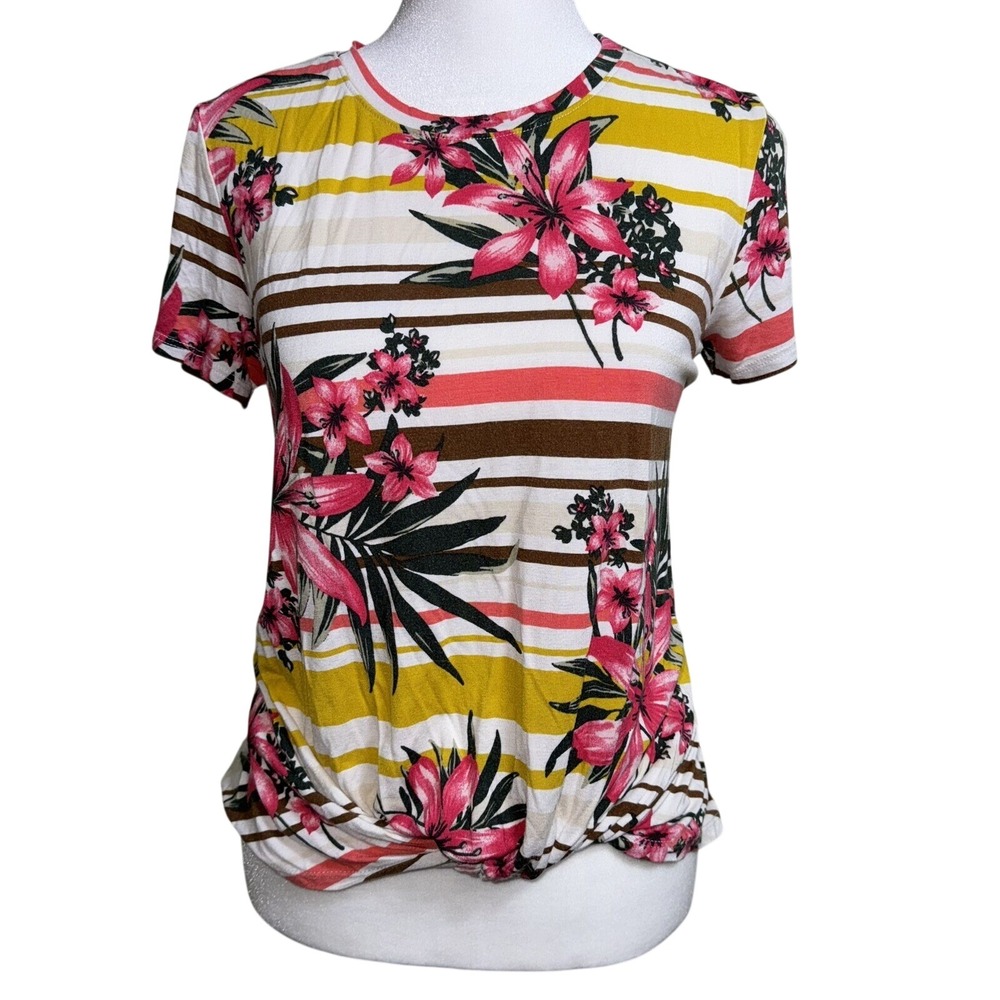 Westport‎ Petite Medium Floral Stripe Twist Front Short Sleeve Top Pink Yellow